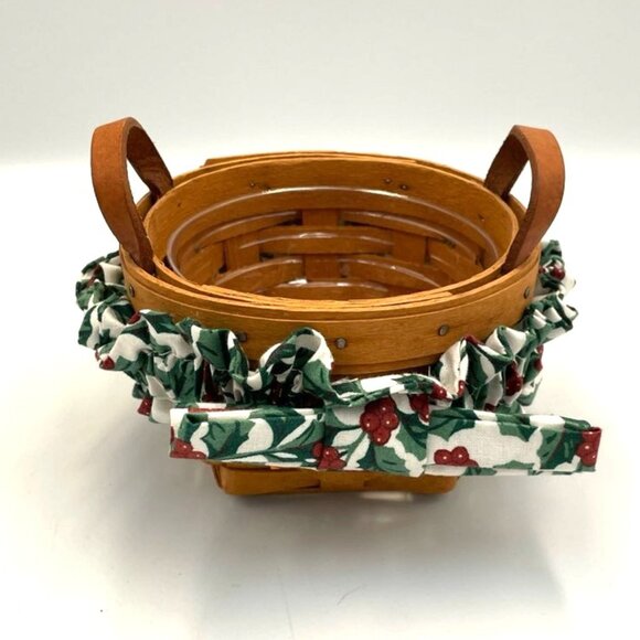 Vtg Longaberger Hostess Thyme Basket Leather Handles Holly Fabric Bow & Liner - Picture 1 of 7